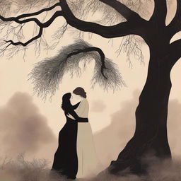 A book cover illustration featuring a lesbian couple in an intimate embrace under a large willow tree, using dark and moody colors