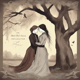 A book cover illustration featuring a lesbian couple in an intimate embrace under a large willow tree, set in the Victorian era and using moody colors