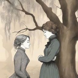 A book cover illustration featuring a lesbian couple in an intimate embrace under a large willow tree, set in the Victorian era and using moody colors