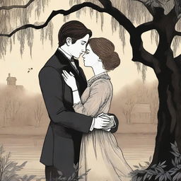 A book cover illustration featuring a lesbian couple in an intimate embrace under a large willow tree, set in the Victorian era and using moody colors