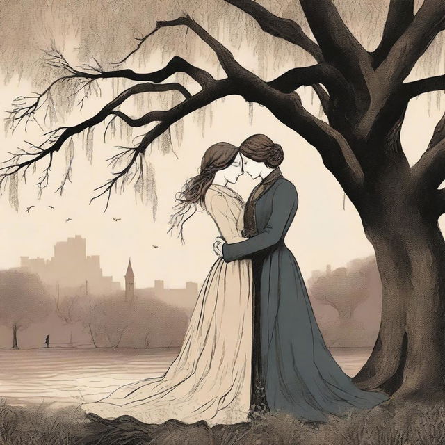 A book cover illustration featuring a lesbian couple in an intimate embrace under a large willow tree, set in the Victorian era and using moody colors