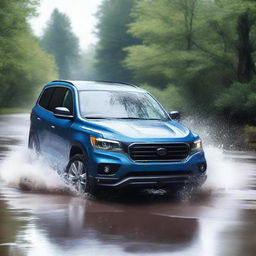 A dynamic scene of a blue SUV driving through a large puddle of water, with water splashing up around the vehicle