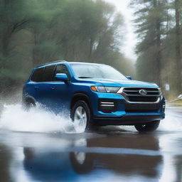 A dynamic scene of a blue SUV driving through a large puddle of water, with water splashing up around the vehicle