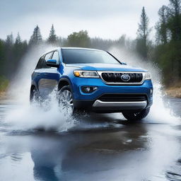 A dynamic scene of a blue SUV driving through a large puddle of water, with water splashing up around the vehicle