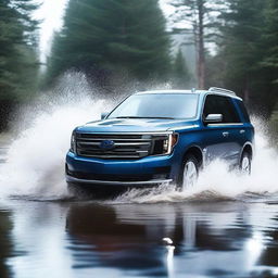 A dynamic scene of a blue SUV driving through a large puddle of water, with water splashing up around the vehicle