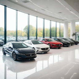 A modern car dealer showroom featuring a variety of new cars on display