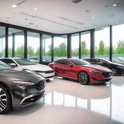 A modern car dealer showroom featuring a variety of new cars on display