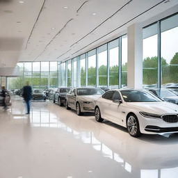 A modern car dealer showroom featuring a variety of new cars on display