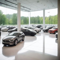 A modern car dealer showroom featuring a variety of new cars on display