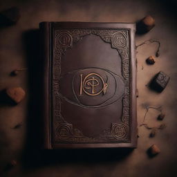 A mysterious book with an ancient leather cover, adorned with cryptic symbols and glowing runes