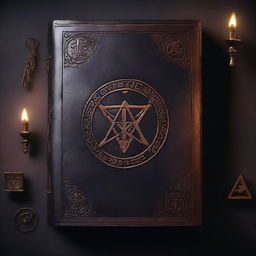 A mysterious book with an ancient leather cover, adorned with cryptic symbols and glowing runes