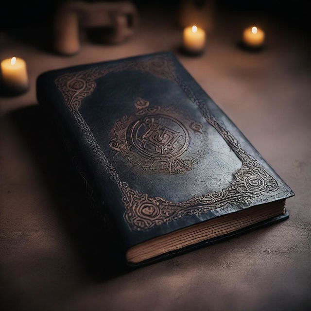 A mysterious book with an ancient leather cover, adorned with cryptic symbols and glowing runes