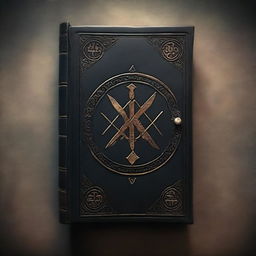 A mysterious book with an ancient leather cover, adorned with cryptic symbols and glowing runes