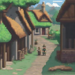 A pixel art scene depicting a peasant wandering through a village