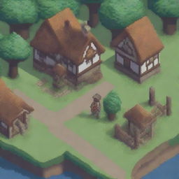 A pixel art scene depicting a peasant wandering through a village