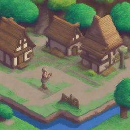 A pixel art scene depicting a peasant wandering through a village