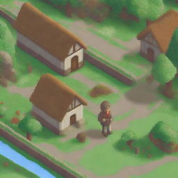 A pixel art scene depicting a peasant wandering through a village