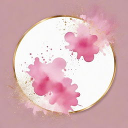 Pink watercolor splashes with a round gold frame on a transparent background