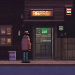 A pixel art image of a wanderer standing near a bar