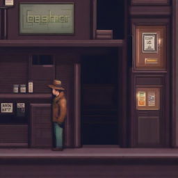 A pixel art image of a wanderer standing near a bar