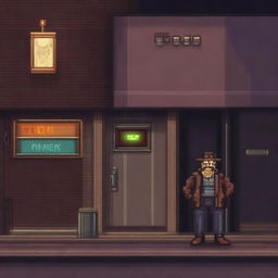 A pixel art image of a wanderer standing near a bar