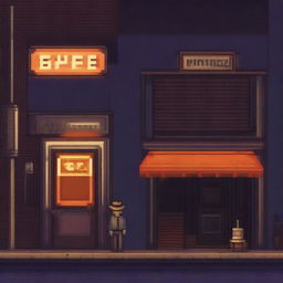 A pixel art image of a wanderer standing near a bar