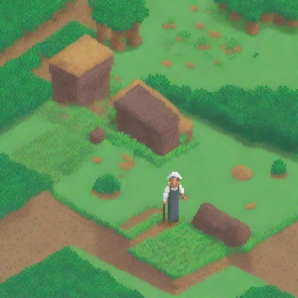 A pixel art image of a peasant working in a field