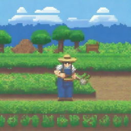 A pixel art image of a peasant working in a field