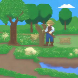 A pixel art image of a peasant working in a field