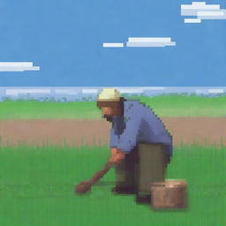 A pixel art image of a homeless peasant working in a field