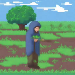 A pixel art image of a homeless peasant working in a field