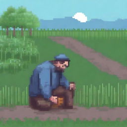 A pixel art image of a homeless peasant working in a field