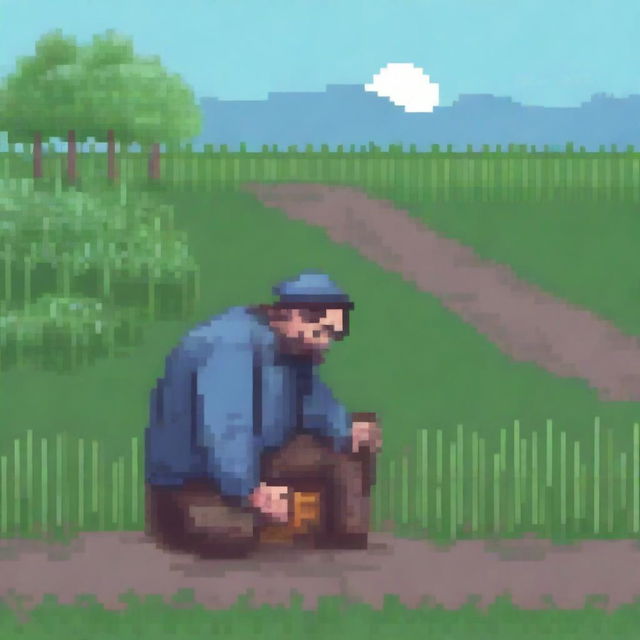 A pixel art image of a homeless peasant working in a field