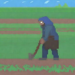 A pixel art image of a homeless peasant working in a field