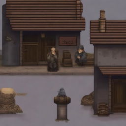 A pixel art depiction of a peasant beggar standing near a brothel in a fantasy setting