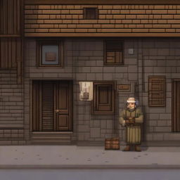 A pixel art depiction of a peasant beggar standing near a brothel in a fantasy setting