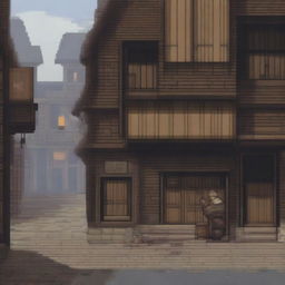 A pixel art depiction of a peasant beggar standing near a brothel in a fantasy setting