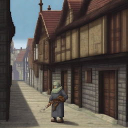 A pixel art depiction of a peasant beggar walking down an alleyway