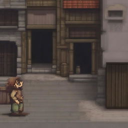 A pixel art depiction of a peasant beggar walking down an alleyway