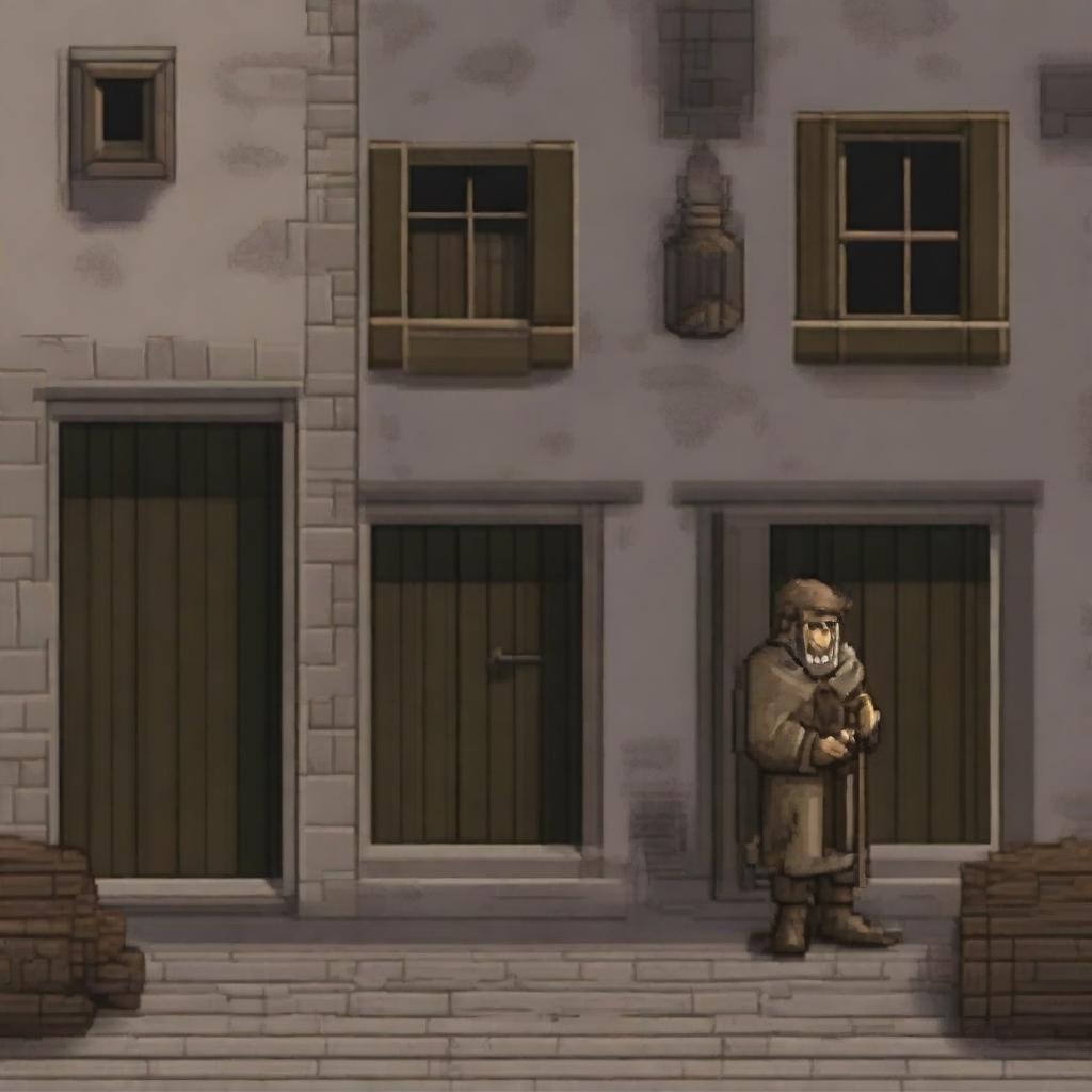 A pixel art depiction of a peasant beggar walking down an alleyway