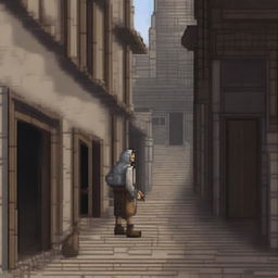 A pixel art depiction of a peasant beggar walking down an alleyway