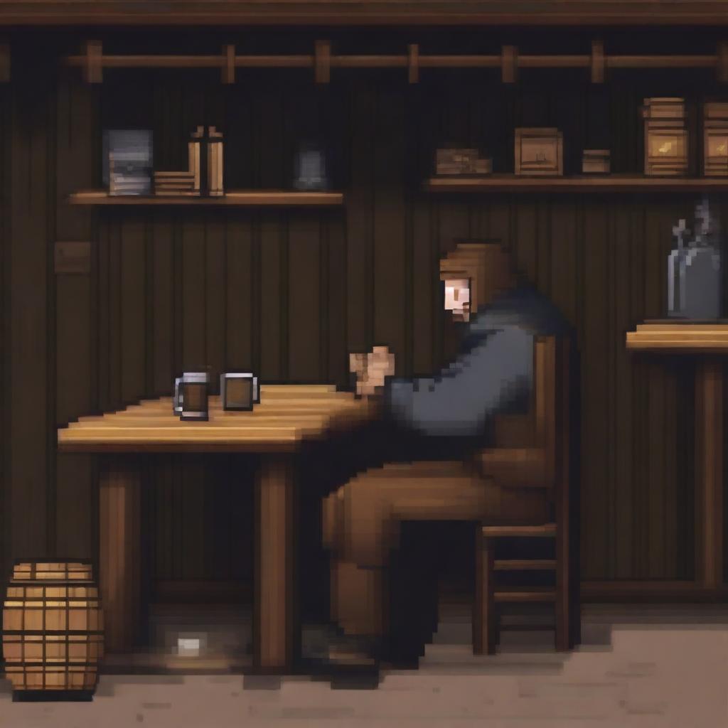 A pixel art depiction of a peasant beggar sitting at a table in a bar, drinking alcohol from a wooden mug