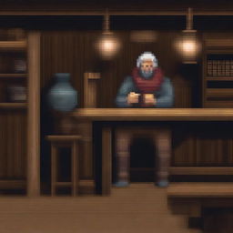 A pixel art depiction of a peasant beggar sitting at a table in a bar, drinking alcohol from a wooden mug