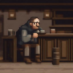 A pixel art depiction of a peasant beggar sitting at a table in a bar, drinking alcohol from a wooden mug