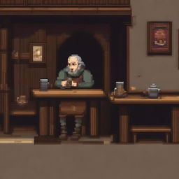 A pixel art depiction of a peasant beggar sitting at a table in a bar, drinking alcohol from a wooden mug