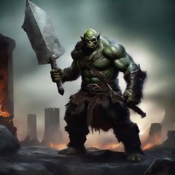 A fierce orc warrior, brandishing a massive greatsword with a menacing expression