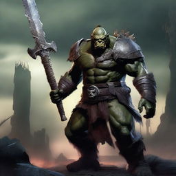 A fierce orc warrior, brandishing a massive greatsword with a menacing expression