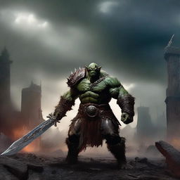 A fierce orc warrior, brandishing a massive greatsword with a menacing expression