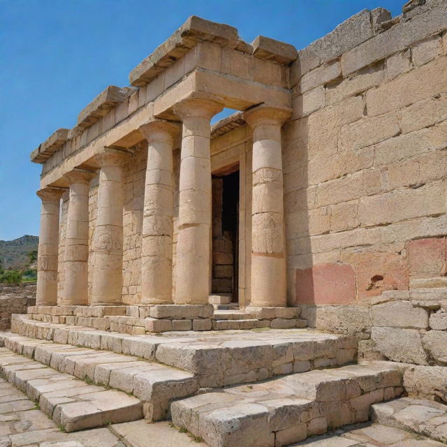 A vibrant scene featuring grand Minoan and Mycenaean architecture, punctuated by glimpses of their unique writing systems.