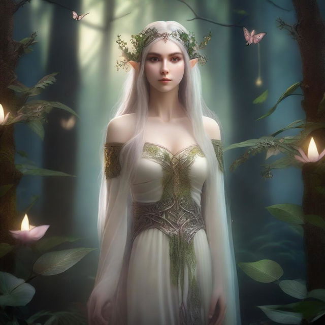 A beautifully detailed image of an elven character standing in an enchanted forest, surrounded by glowing magical flora and fauna